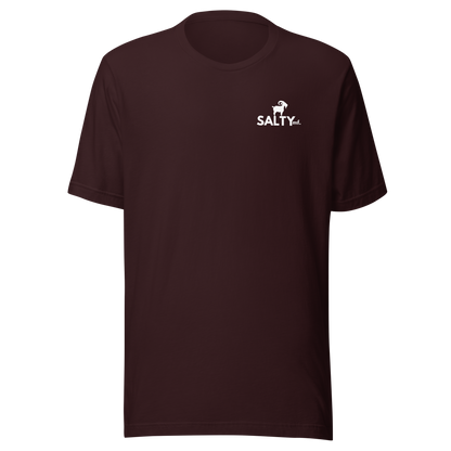 SALTYmf Tuna Cowboy Tee in Oxblood Black, front view with the SALTYmf logo on the left chest