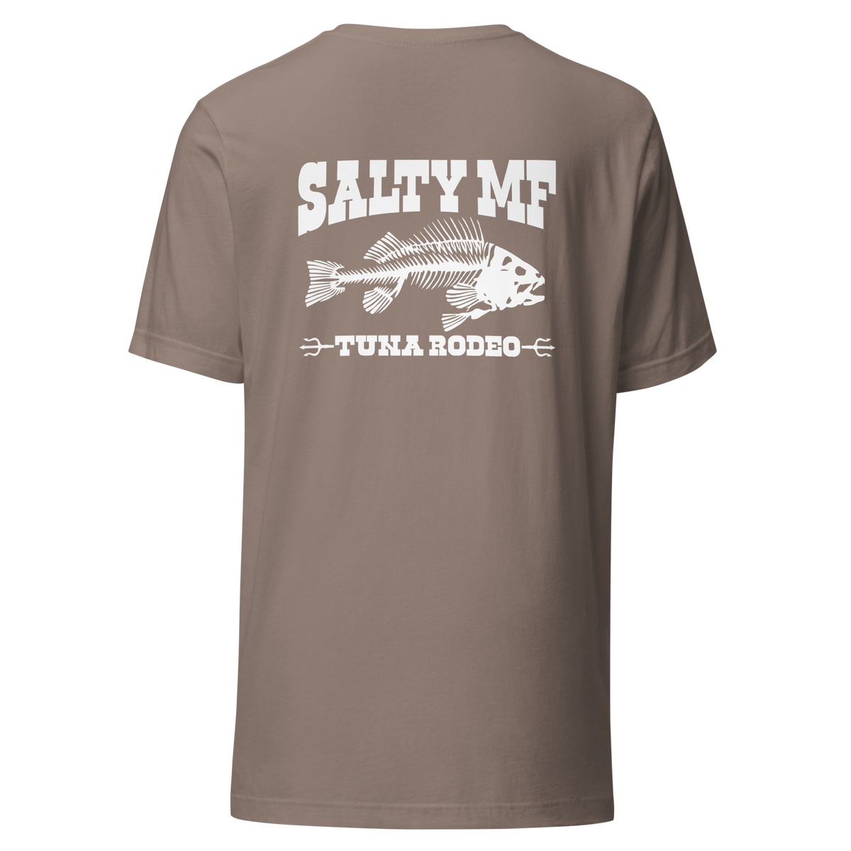 SALTYmf Tuna Cowboy Tee in Pebble, back view with the Salty MF Tuna Rodeo fish skeleton graphic on the back