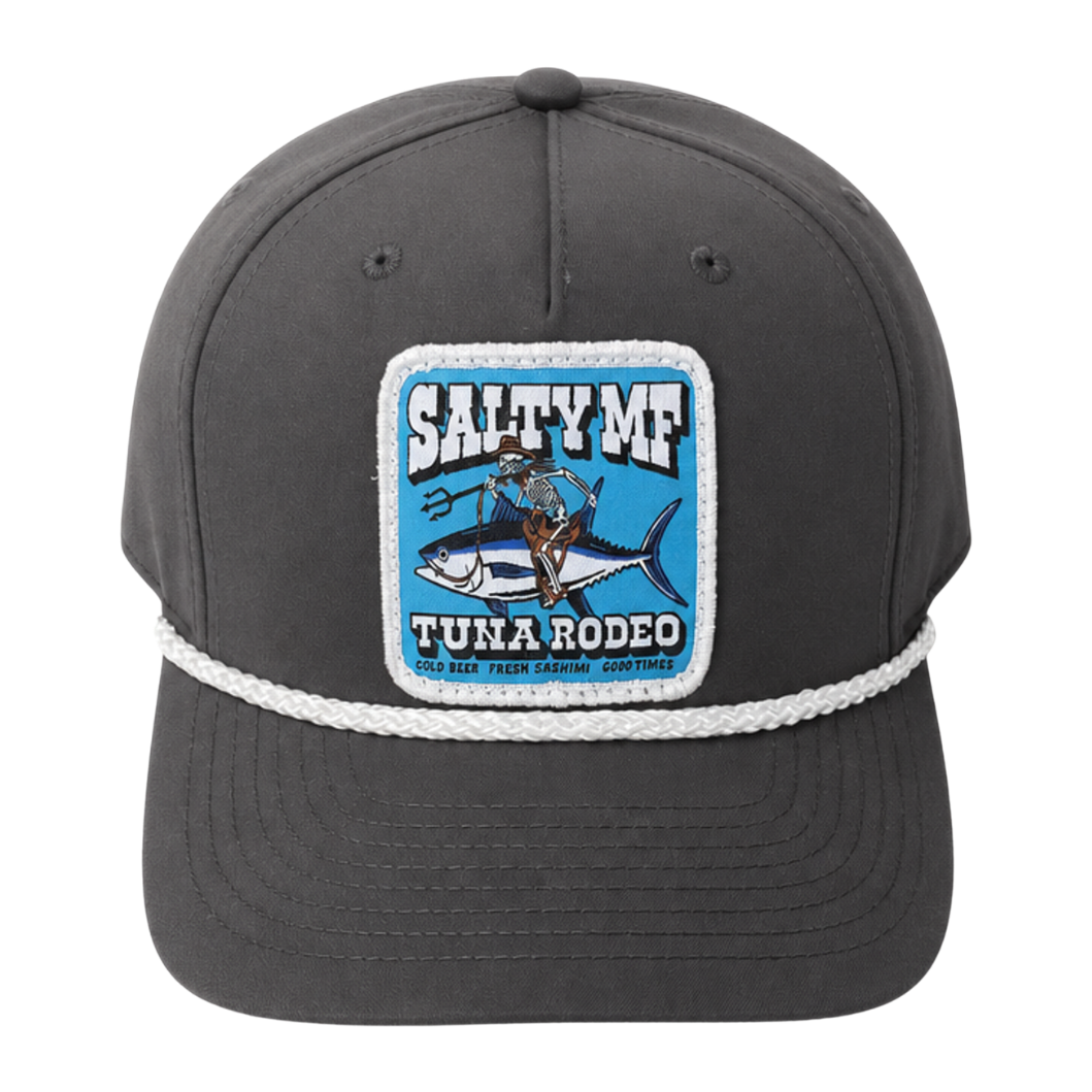 SALTYmf Tuna Rodeo Roper in Gray, front view with the woven Tuna Rodeo patch