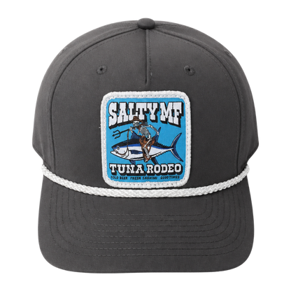 SALTYmf Tuna Rodeo Roper in Gray, front view with the woven Tuna Rodeo patch
