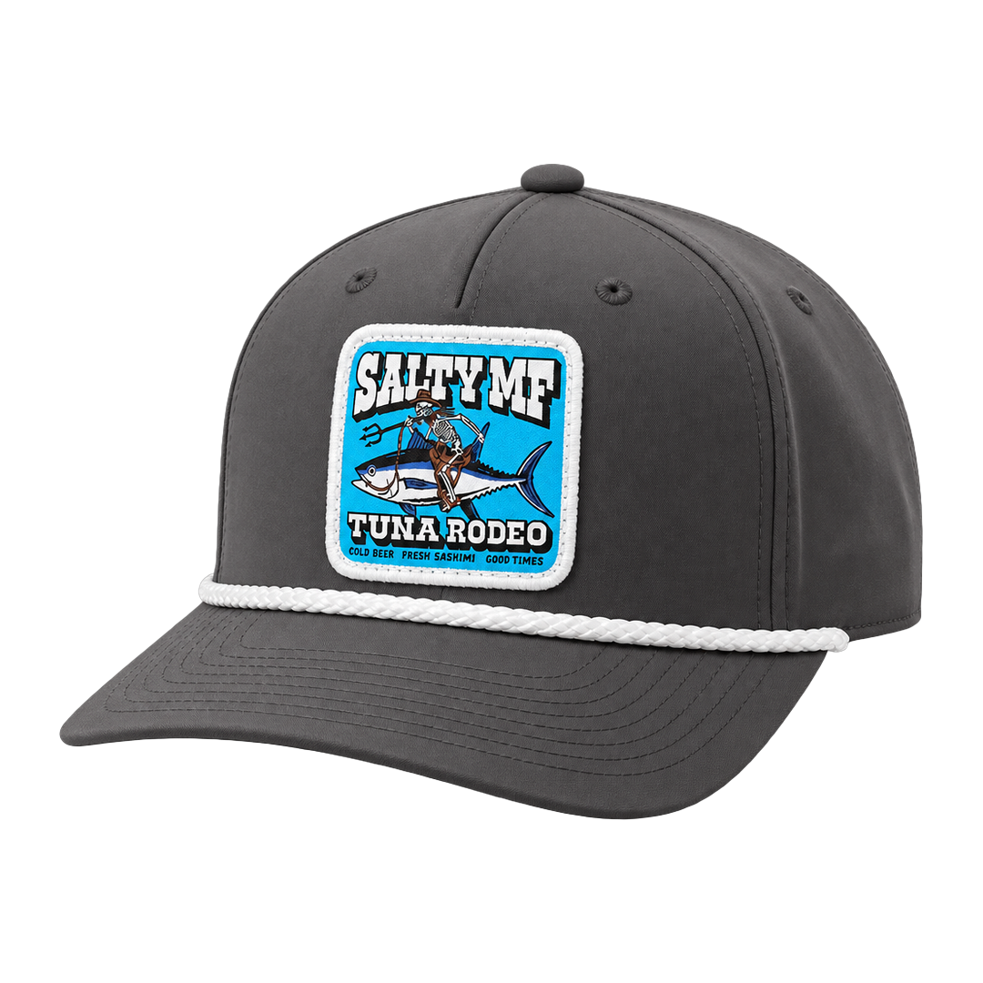 SALTYmf Tuna Rodeo Roper in Gray, three quarter view with the woven Tuna Rodeo patch and white rope trim