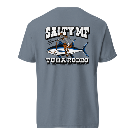 SALTYmf Tuna Rodeo Tee in Blue Jean, back view with the Tuna Rodeo skeleton cowboy riding a tuna on the back