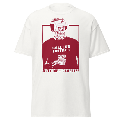 SALTYmf Tuscaloosa GameDaze Tee, front view with the red skeleton COLLEGE FOOTBALL SALTY MF GAMEDAZE graphic