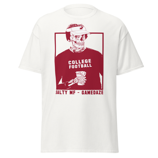 SALTYmf Tuscaloosa GameDaze Tee, front view with the red skeleton COLLEGE FOOTBALL SALTY MF GAMEDAZE graphic
