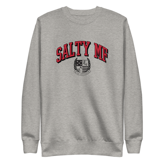 SALTYmf University Crewneck in Carbon Grey, front view with the arched SALTY MF lettering and All Attitude crest