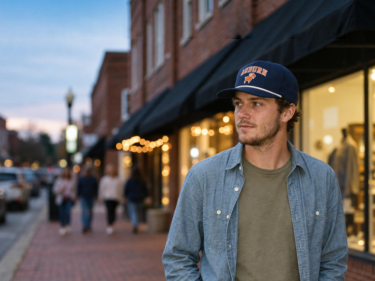 Young man in the SALTYmf Auburn GOAT Roper on a college-town street at dusk