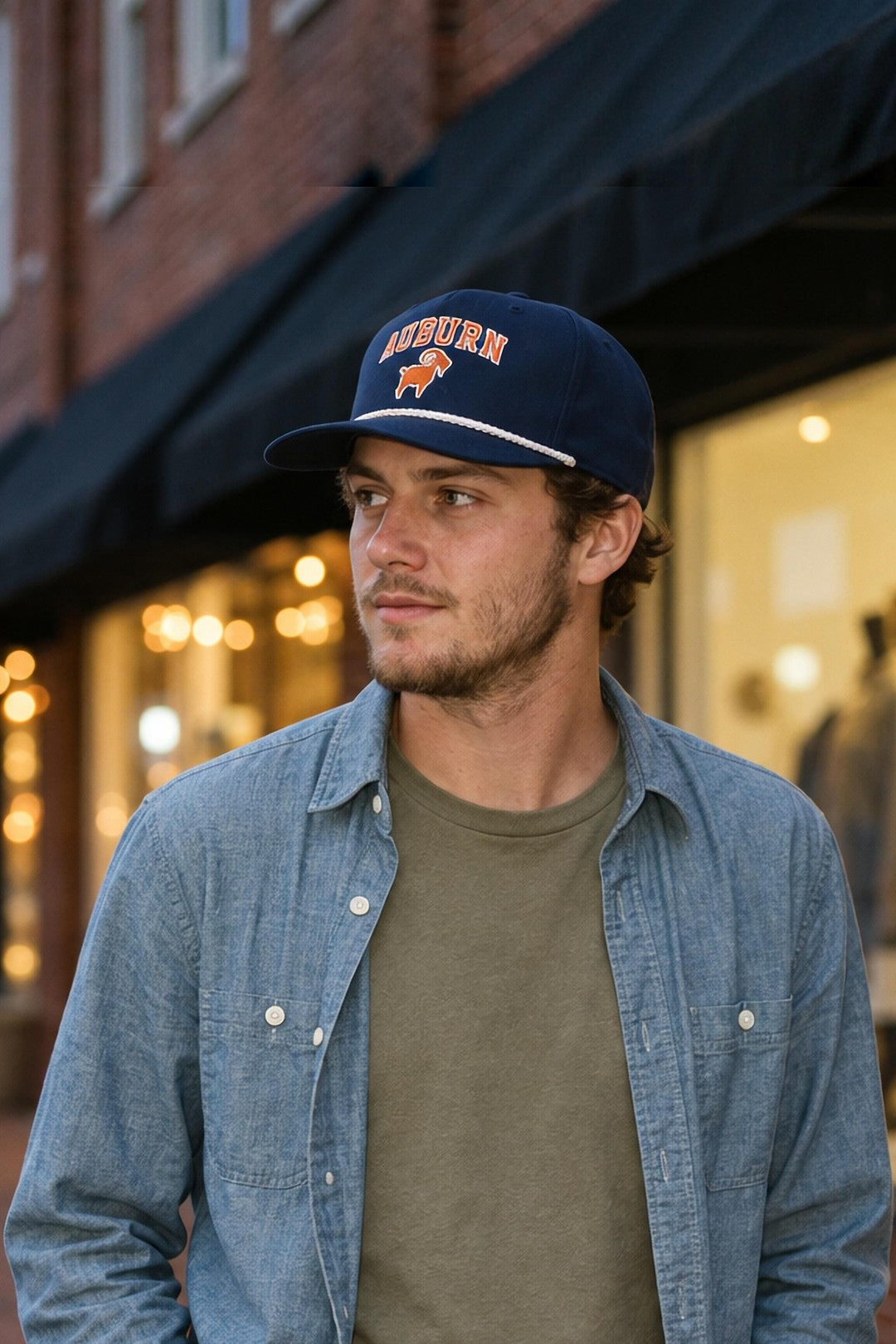 Young man in the SALTYmf Auburn GOAT Roper on a college-town street at dusk