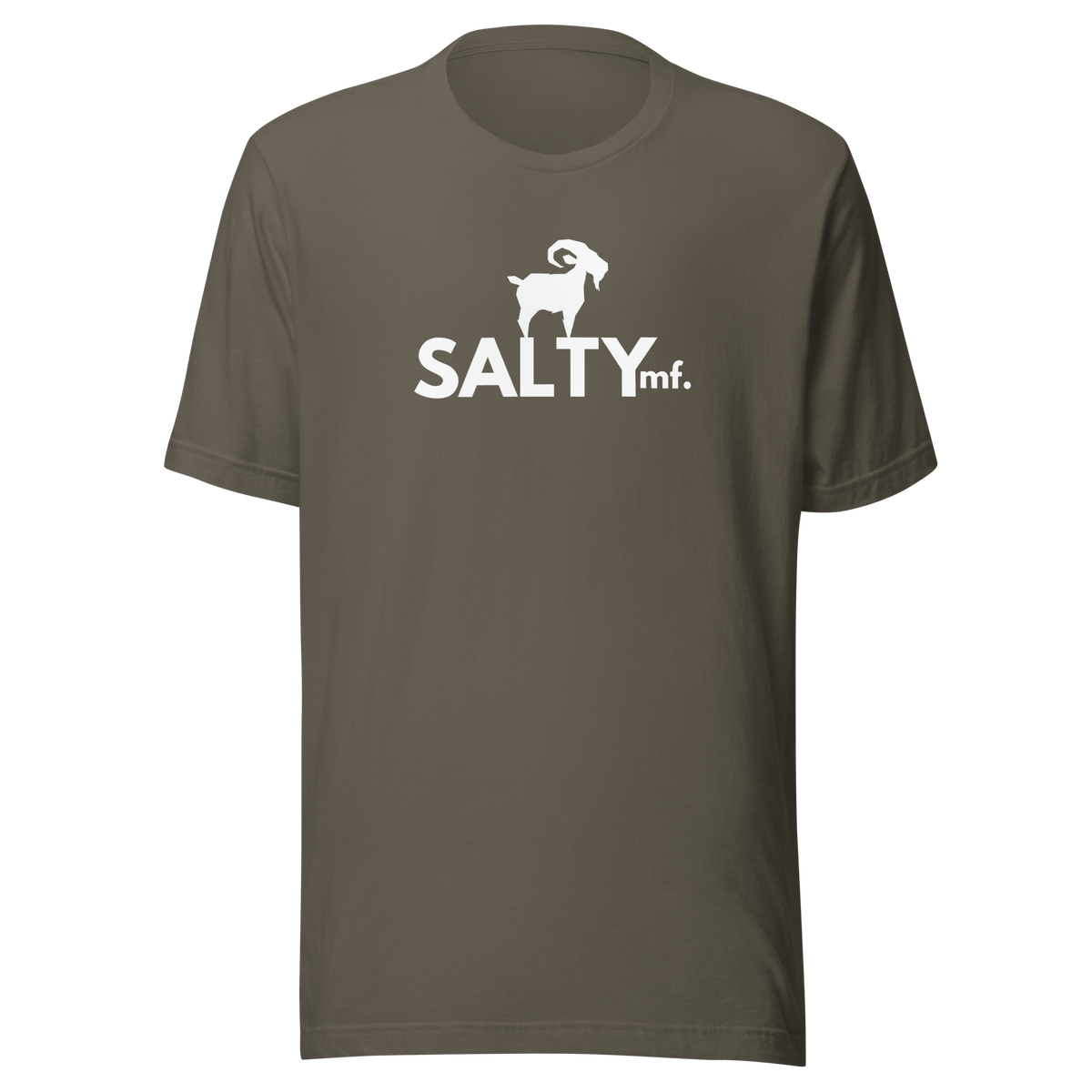 SALTYmf White GOAT T-Shirt in Army, front view with the white goat and SALTYmf logo on the chest