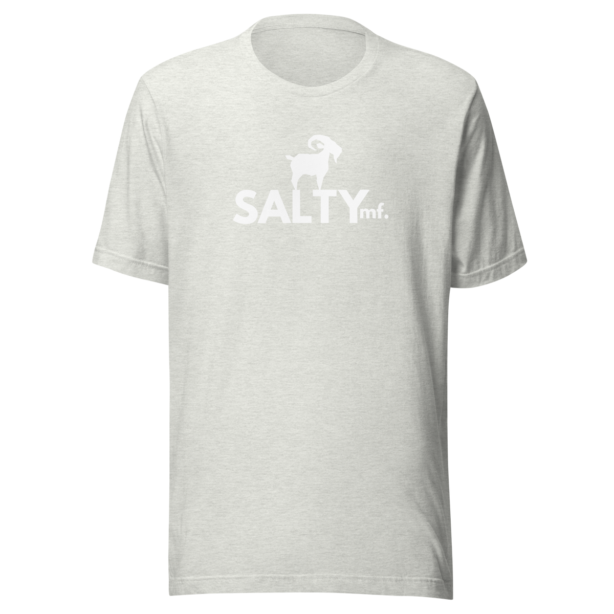 SALTYmf White GOAT T-Shirt in Ash, front view with the white goat and SALTYmf logo on the chest