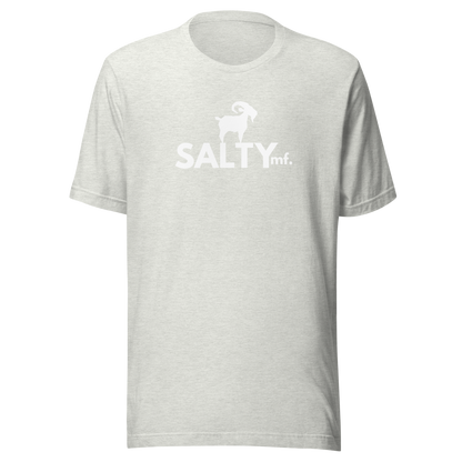 SALTYmf White GOAT T-Shirt in Ash, front view with the white goat and SALTYmf logo on the chest
