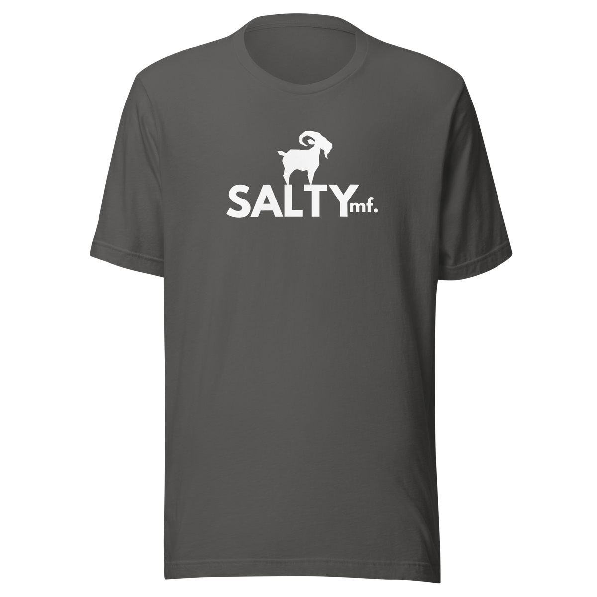 SALTYmf White GOAT T-Shirt in Asphalt, front view with the white goat and SALTYmf logo on the chest