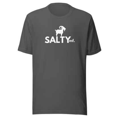 SALTYmf White GOAT T-Shirt in Asphalt, front view with the white goat and SALTYmf logo on the chest