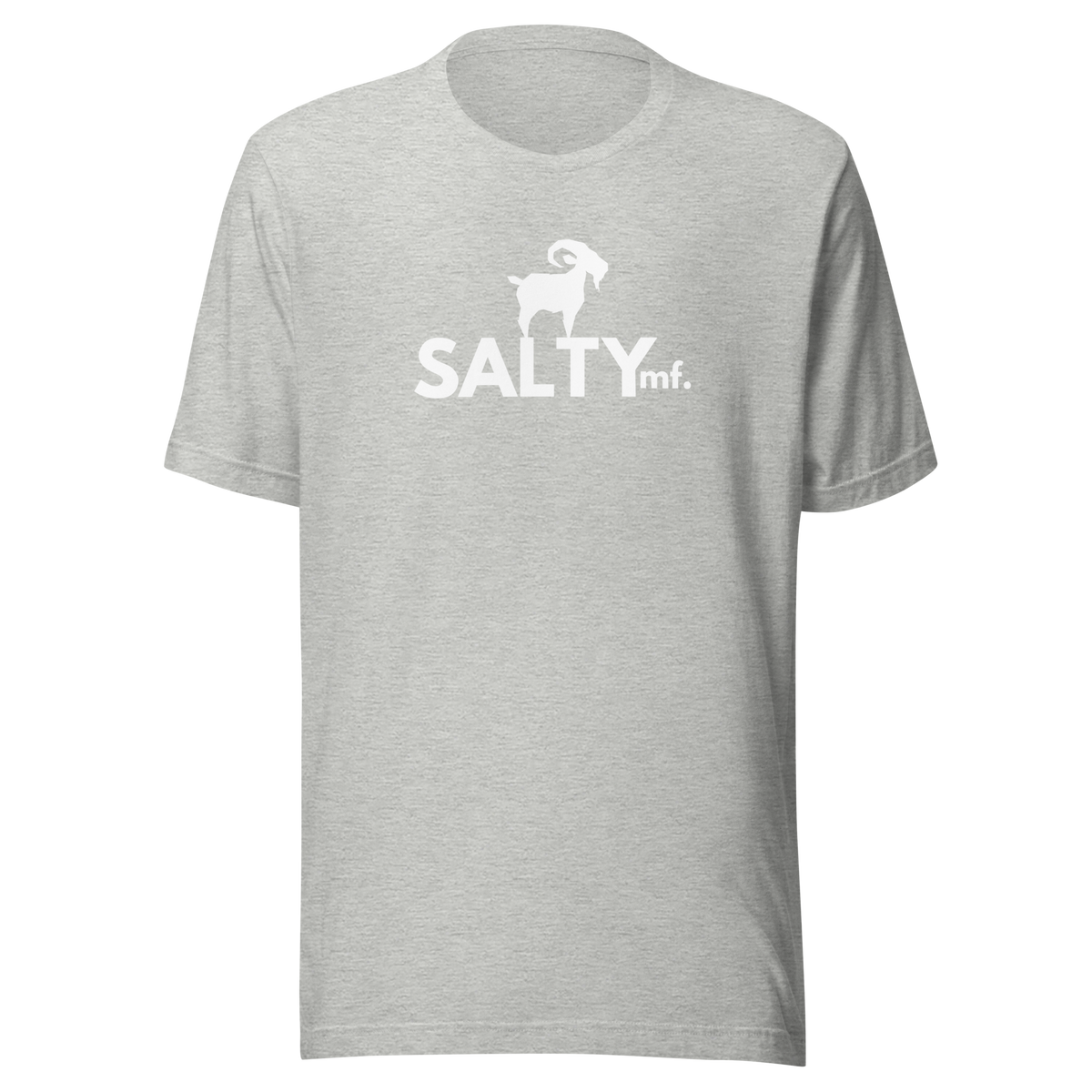 SALTYmf White GOAT T-Shirt in Athletic Heather, front view with the white goat and SALTYmf logo on the chest