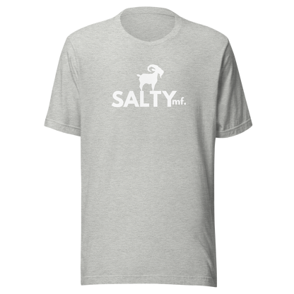 SALTYmf White GOAT T-Shirt in Athletic Heather, front view with the white goat and SALTYmf logo on the chest