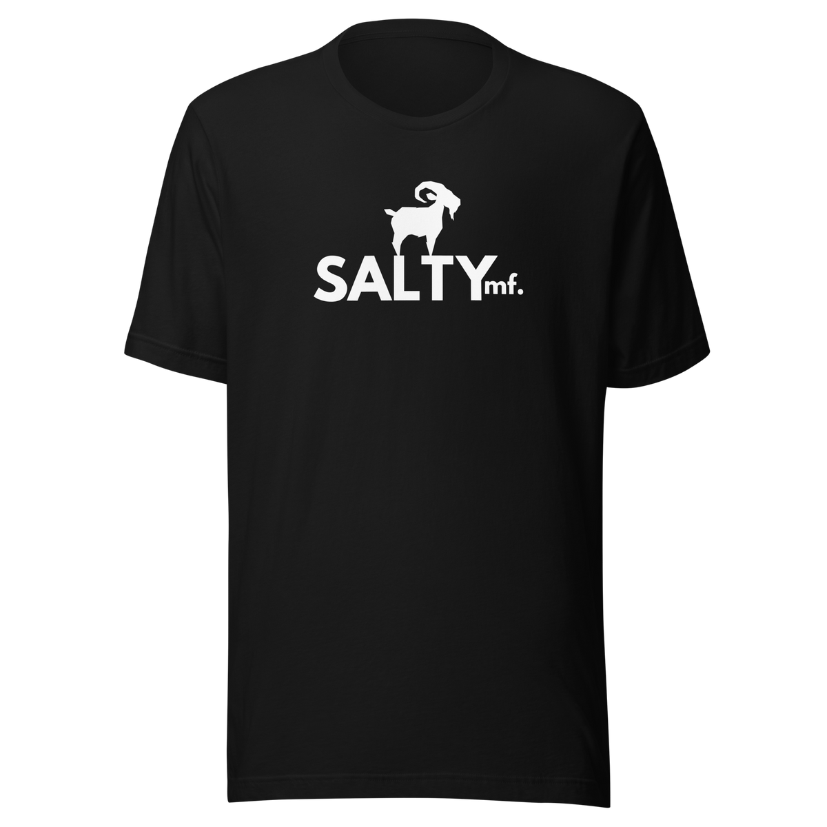 SALTYmf White GOAT T-Shirt in Black, front view with the white goat and SALTYmf logo on the chest