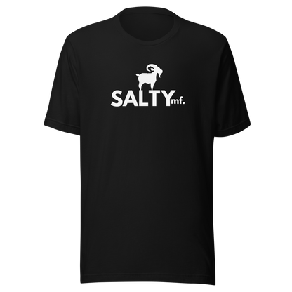 SALTYmf White GOAT T-Shirt in Black, front view with the white goat and SALTYmf logo on the chest