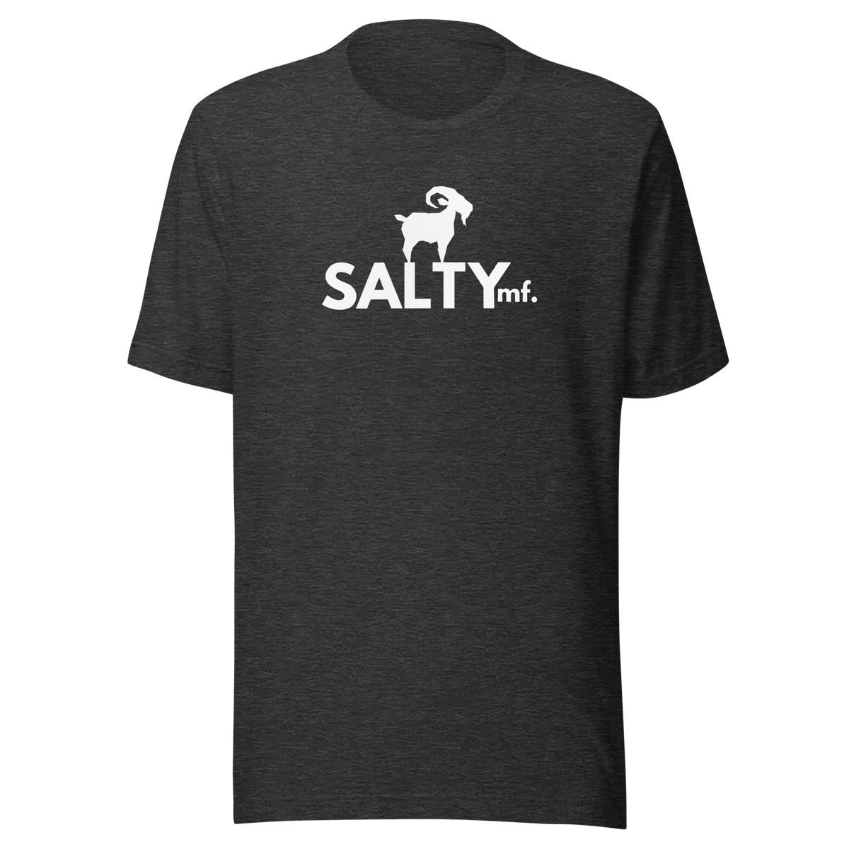 SALTYmf White GOAT T-Shirt in Dark Grey, front view with the white goat and SALTYmf logo on the chest