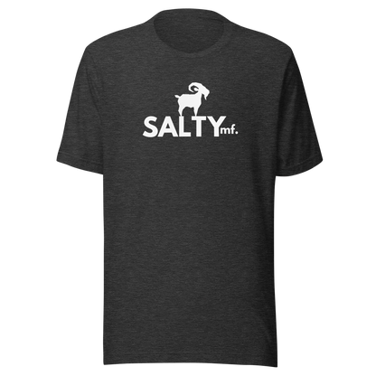 SALTYmf White GOAT T-Shirt in Dark Grey, front view with the white goat and SALTYmf logo on the chest
