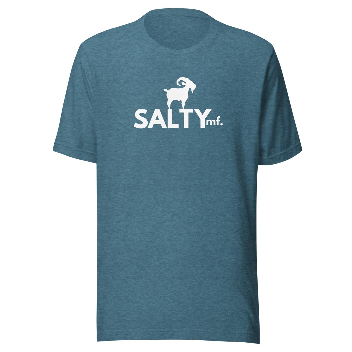 SALTYmf White GOAT T-Shirt in Deep Teal, front view with the white goat and SALTYmf logo on the chest