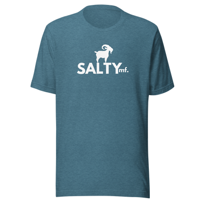 SALTYmf White GOAT T-Shirt in Deep Teal, front view with the white goat and SALTYmf logo on the chest