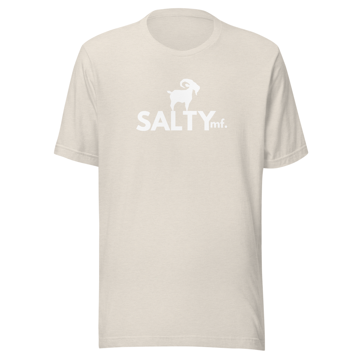 SALTYmf White GOAT T-Shirt in Heather Dust, front view with the white goat and SALTYmf logo on the chest