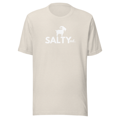 SALTYmf White GOAT T-Shirt in Heather Dust, front view with the white goat and SALTYmf logo on the chest