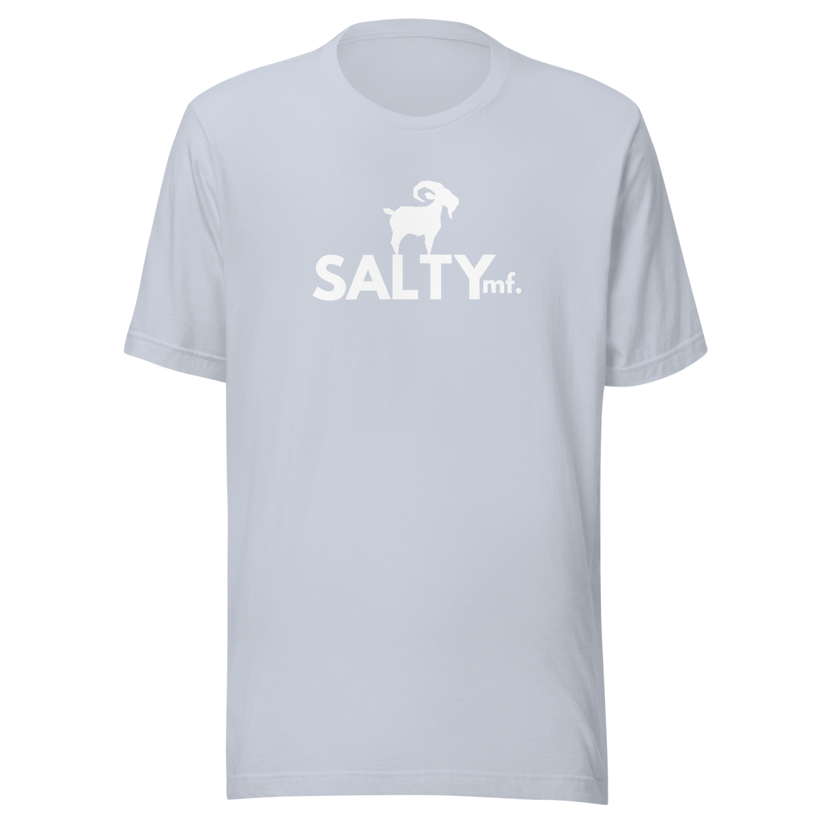 SALTYmf White GOAT T-Shirt in Light Blue, front view with the white goat and SALTYmf logo on the chest