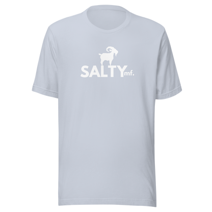 SALTYmf White GOAT T-Shirt in Light Blue, front view with the white goat and SALTYmf logo on the chest