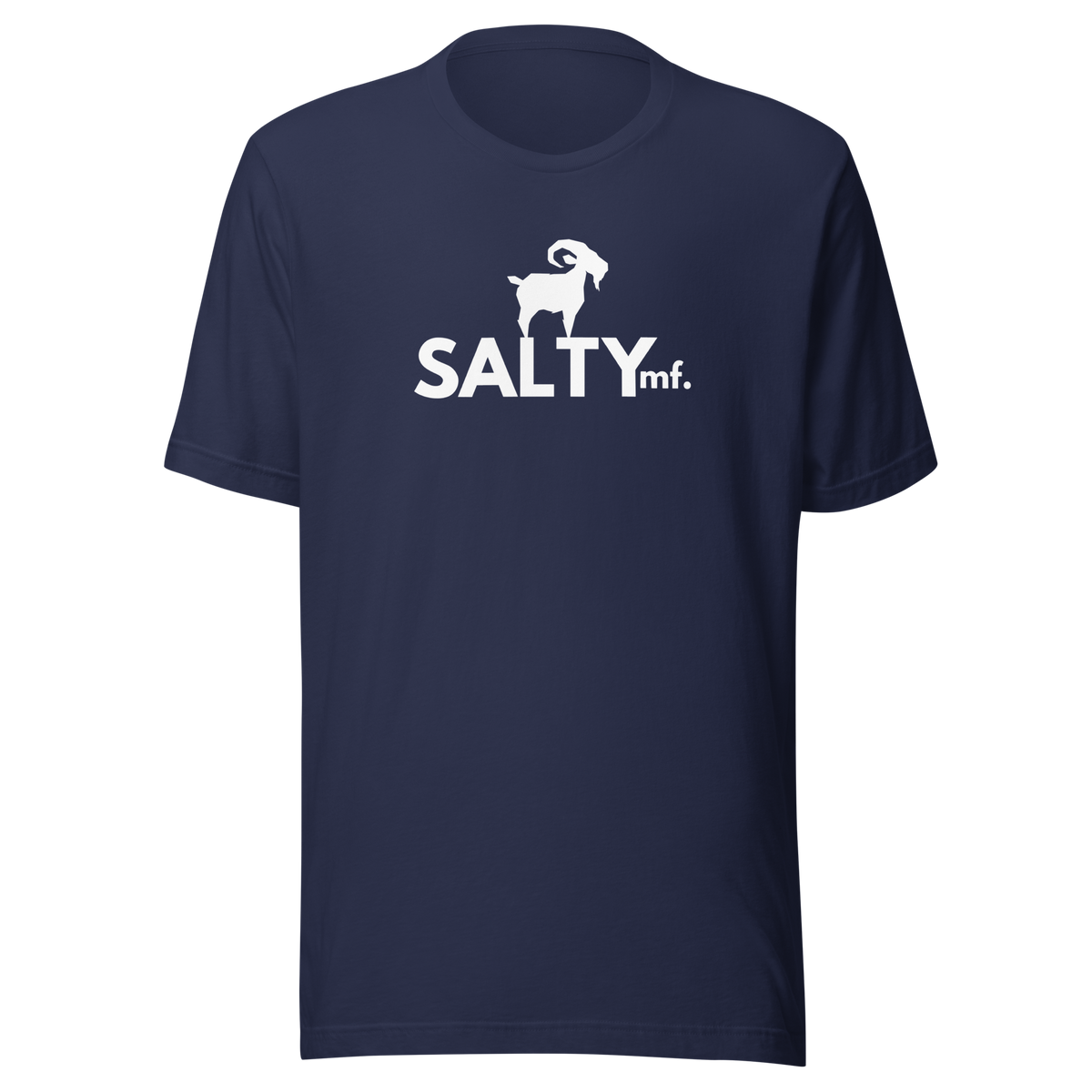 SALTYmf White GOAT T-Shirt in Navy, front view with the white goat and SALTYmf logo on the chest