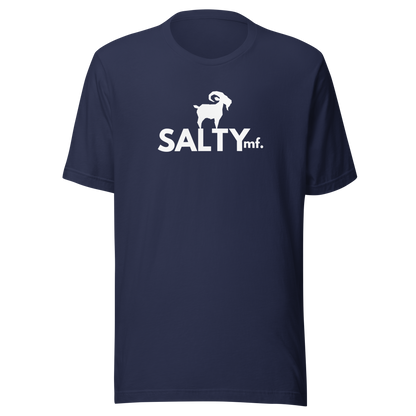 SALTYmf White GOAT T-Shirt in Navy, front view with the white goat and SALTYmf logo on the chest