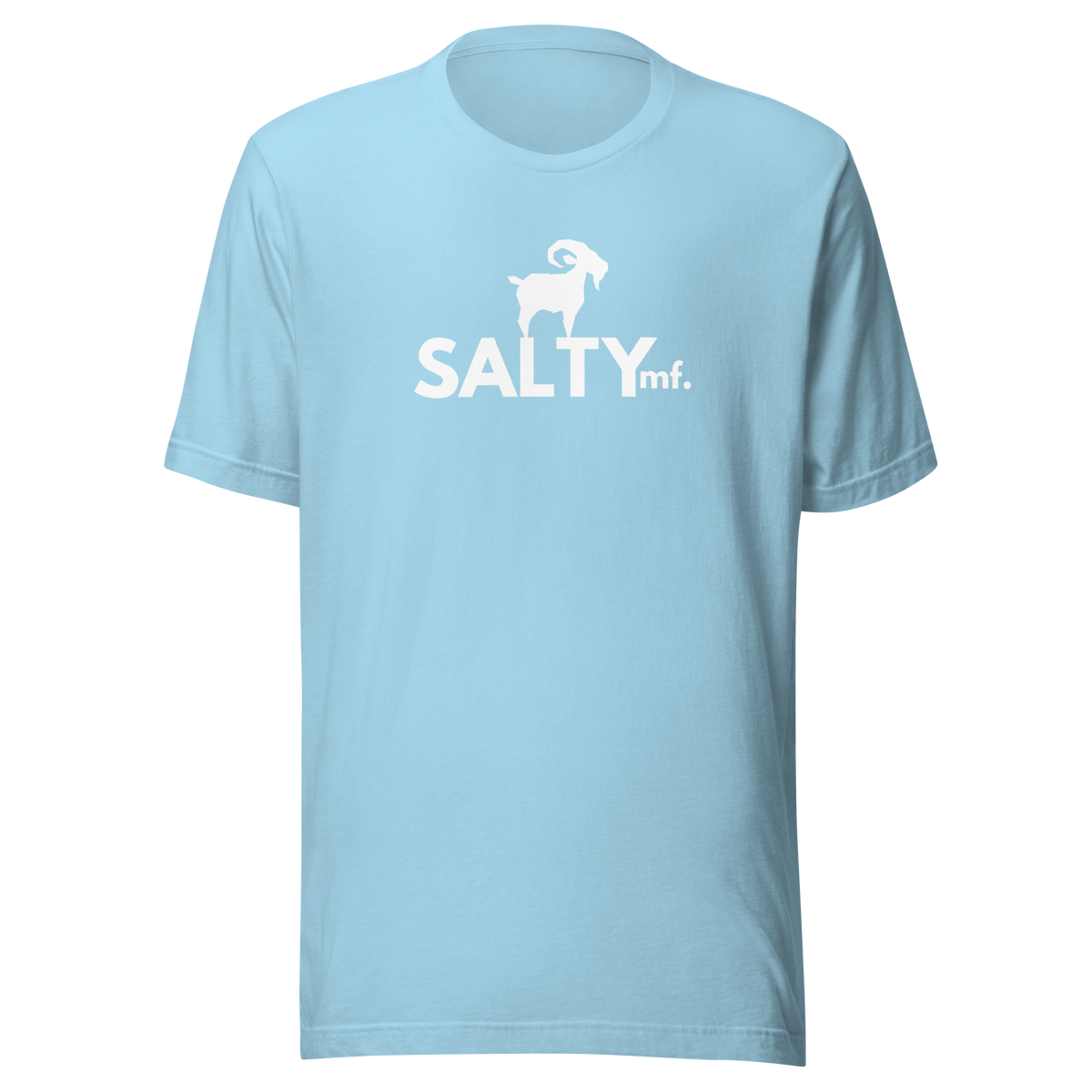 SALTYmf White GOAT T-Shirt in Ocean Blue, front view with the white goat and SALTYmf logo on the chest