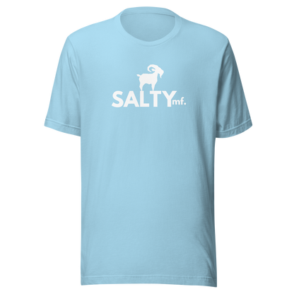 SALTYmf White GOAT T-Shirt in Ocean Blue, front view with the white goat and SALTYmf logo on the chest