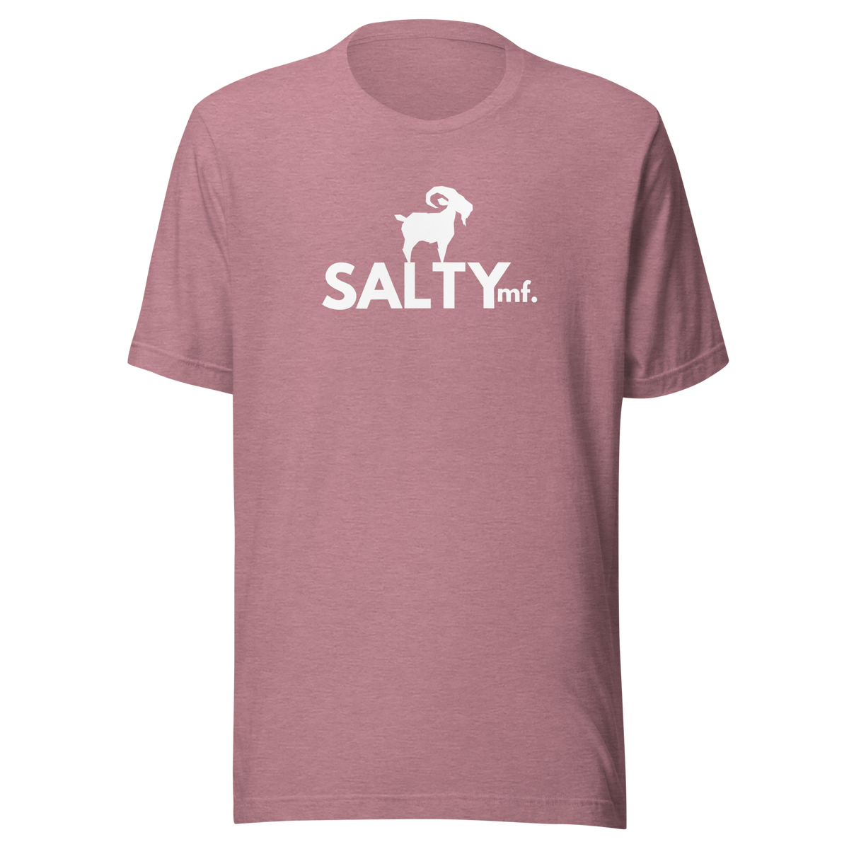 SALTYmf White GOAT T-Shirt in Orchid, front view with the white goat and SALTYmf logo on the chest