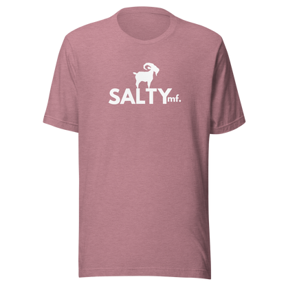 SALTYmf White GOAT T-Shirt in Orchid, front view with the white goat and SALTYmf logo on the chest