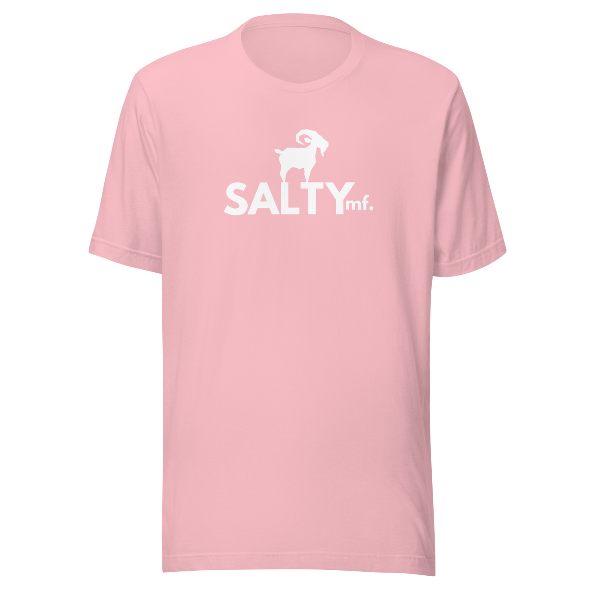 SALTYmf White GOAT T-Shirt in Pink, front view with the white goat and SALTYmf logo on the chest