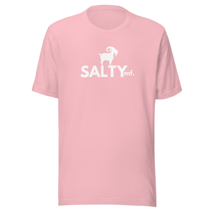 SALTYmf White GOAT T-Shirt in Pink, front view with the white goat and SALTYmf logo on the chest