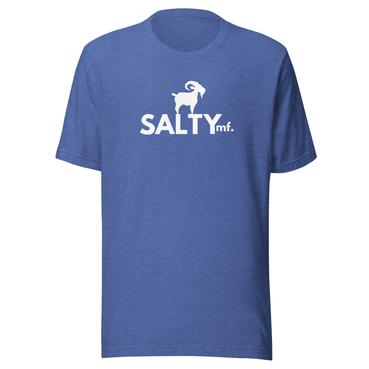 SALTYmf White GOAT T-Shirt in Royal Blue, front view with the white goat and SALTYmf logo on the chest