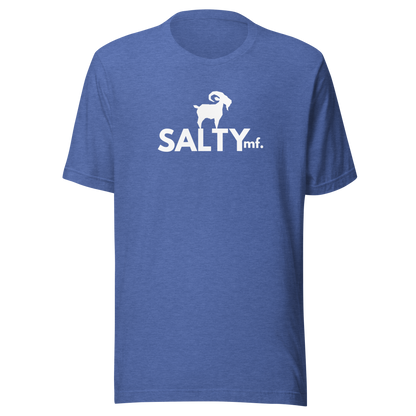 SALTYmf White GOAT T-Shirt in Royal Blue, front view with the white goat and SALTYmf logo on the chest