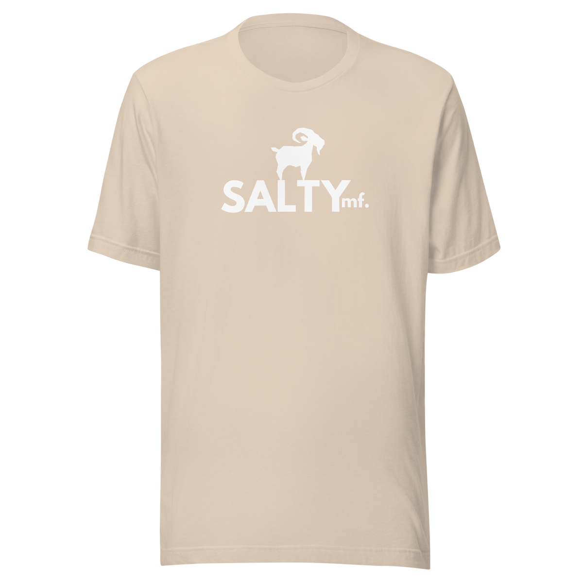SALTYmf White GOAT T-Shirt in Soft Cream, front view with the white goat and SALTYmf logo on the chest
