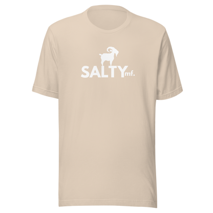 SALTYmf White GOAT T-Shirt in Soft Cream, front view with the white goat and SALTYmf logo on the chest