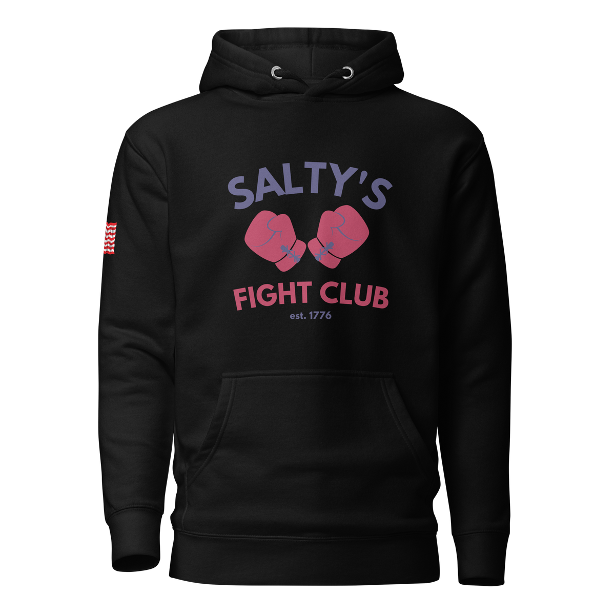 Salty's Fight Club Ole Betsy Hoodie in Black, front view with the Salty's Fight Club boxing gloves graphic, est. 1776