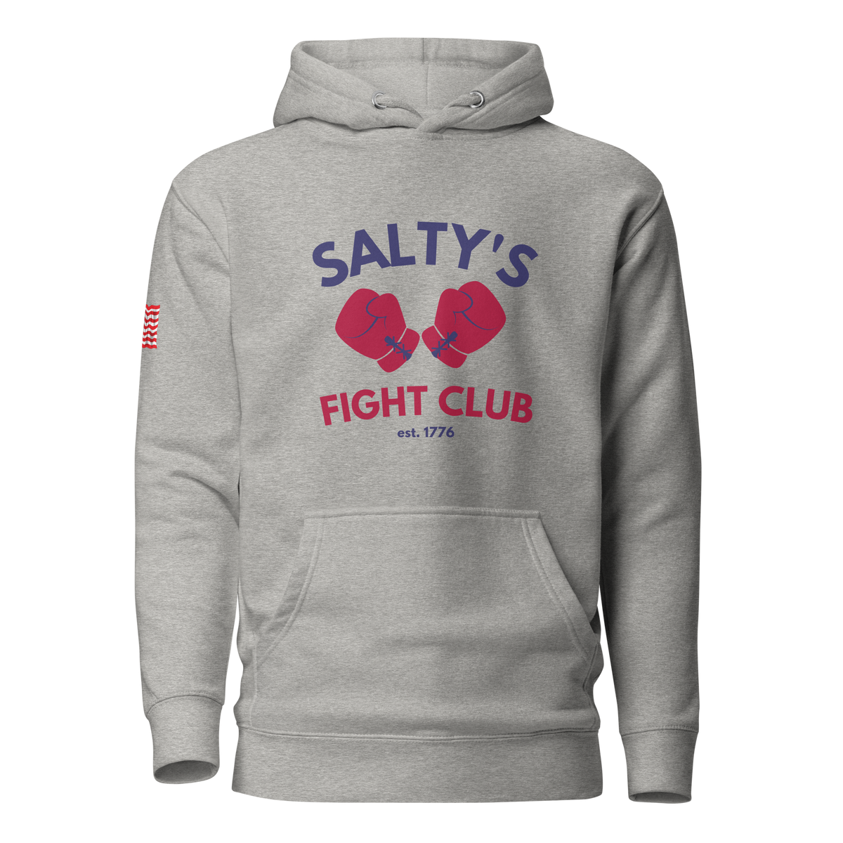 Salty's Fight Club Ole Betsy Hoodie in Carbon Grey, front view with the Salty's Fight Club boxing gloves graphic, est. 1776