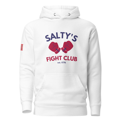 Salty's Fight Club Ole Betsy Hoodie in White, front view with the Salty's Fight Club boxing gloves graphic, est. 1776