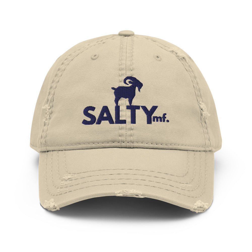 SALTYmf Khaki/Navy Distressed Cap Khaki/Navy colorway front view, SALTYmf distressed dad hat